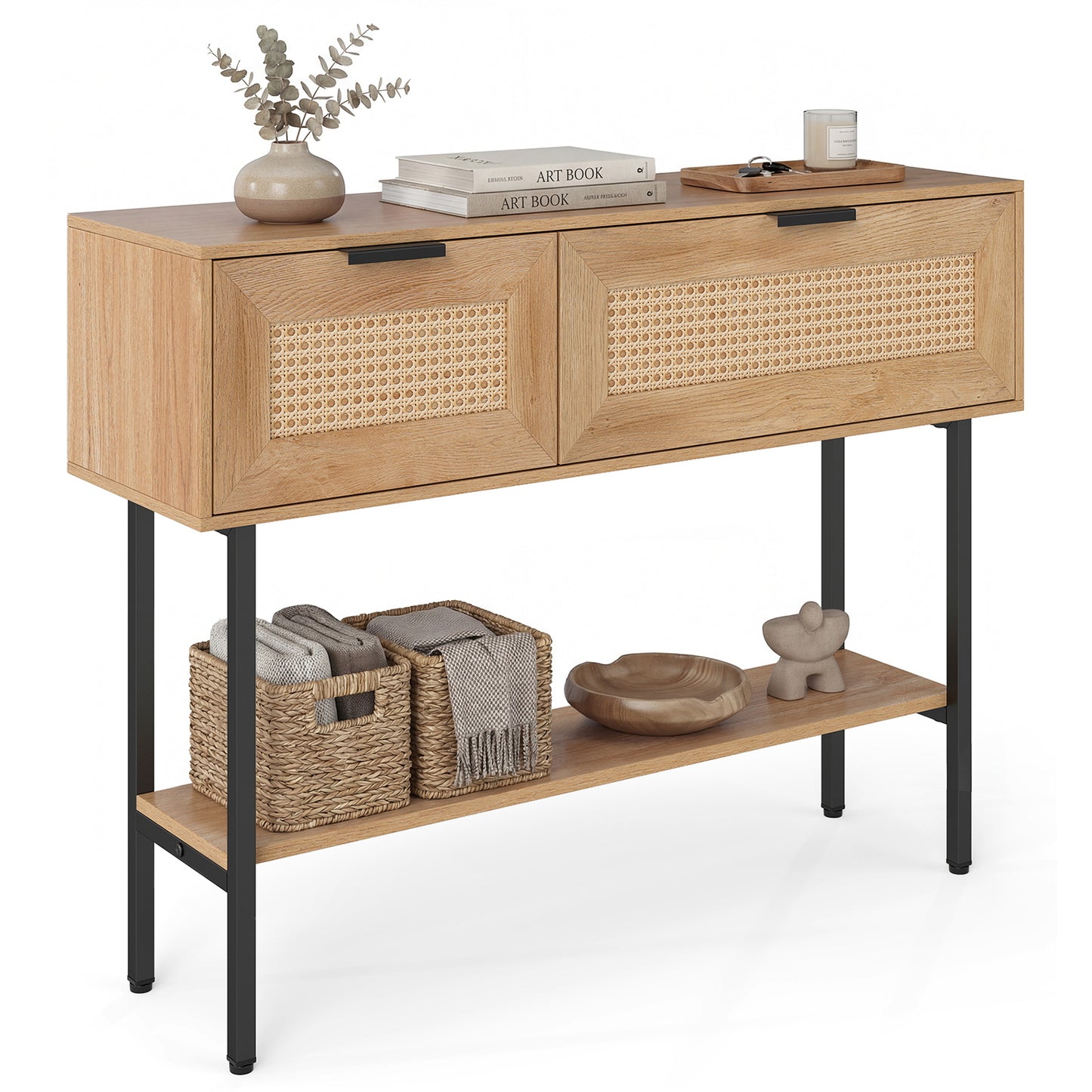 Rattan Console Table, 2 Storage Cabinets, Carbon Steel Frame, Natural Console Tables at Gallery Canada