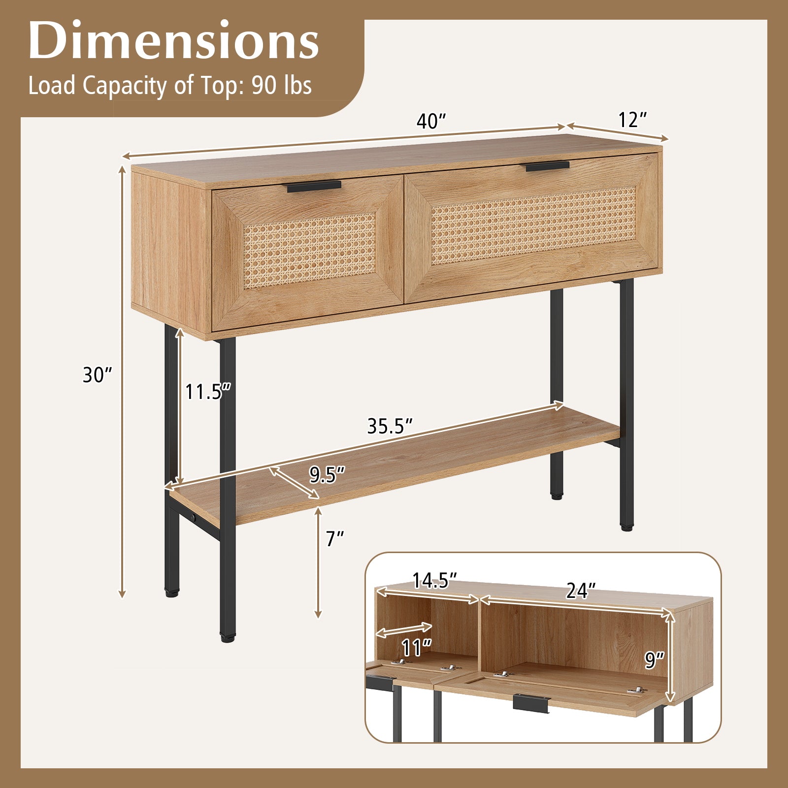 Rattan Console Table, 2 Storage Cabinets, Carbon Steel Frame, Natural Console Tables at Gallery Canada