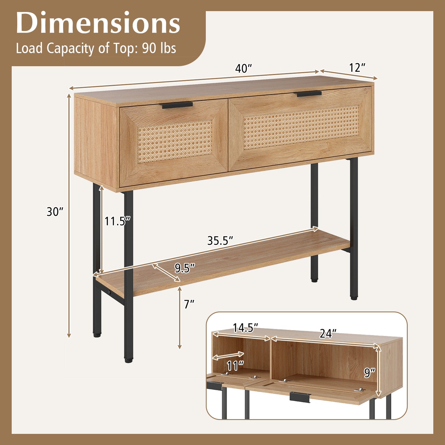 Rattan Console Table, 2 Storage Cabinets, Carbon Steel Frame, Natural Console Tables at Gallery Canada