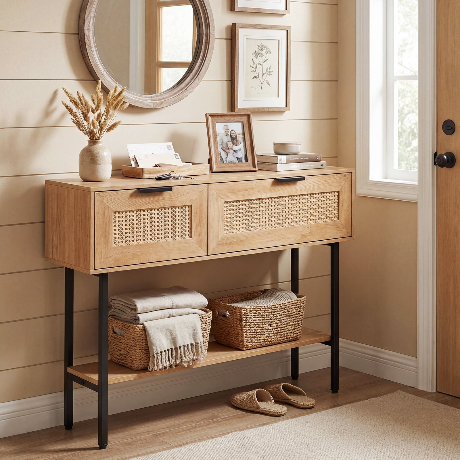 Rattan Console Table, 2 Storage Cabinets, Carbon Steel Frame, Natural Console Tables at Gallery Canada