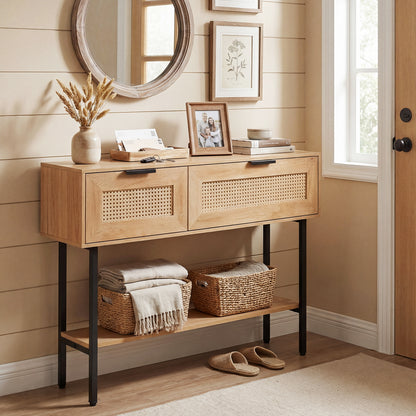 Rattan Console Table, 2 Storage Cabinets, Carbon Steel Frame, Natural Console Tables at Gallery Canada