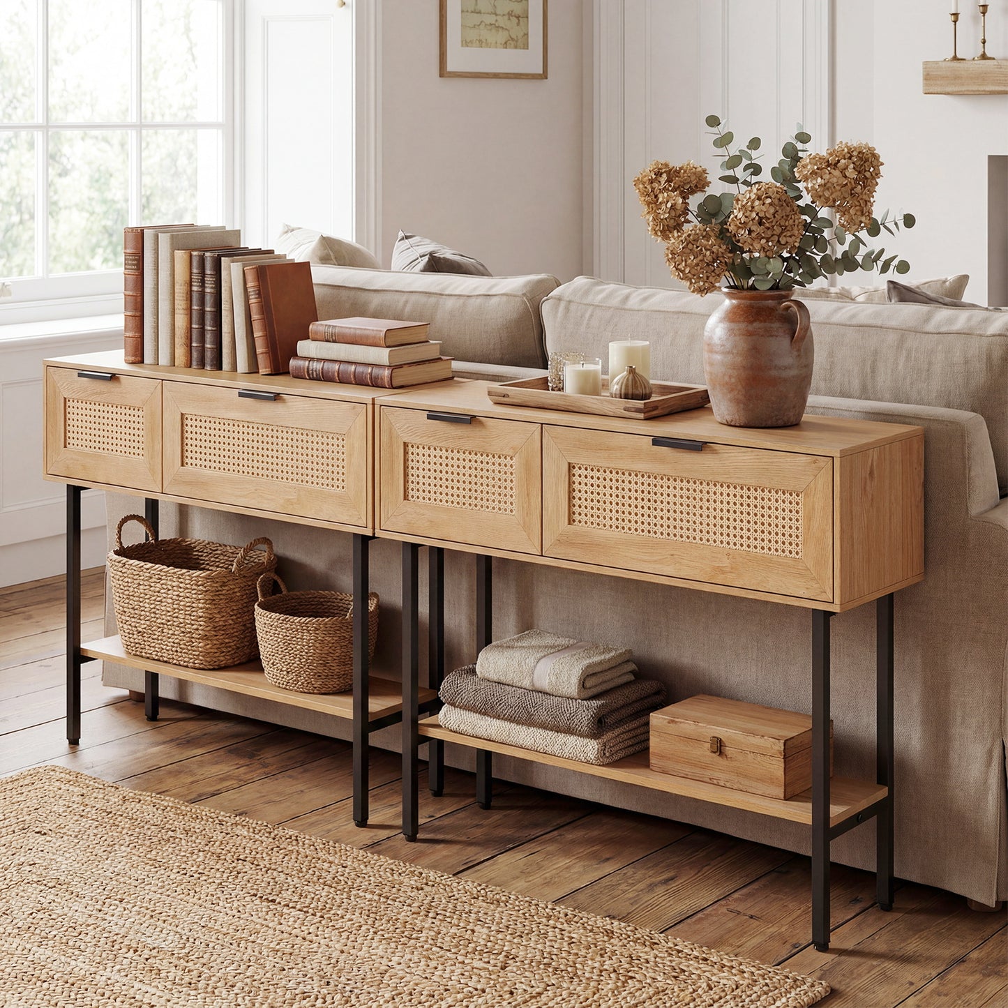Rattan Console Table, 2 Storage Cabinets, Carbon Steel Frame, Natural Console Tables at Gallery Canada