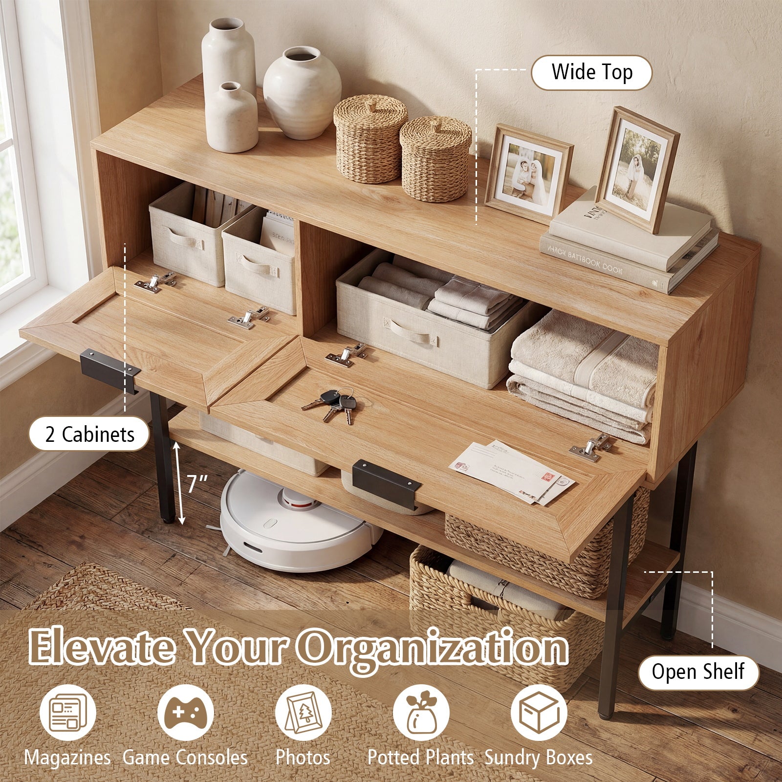 Rattan Console Table, 2 Storage Cabinets, Carbon Steel Frame, Natural Console Tables at Gallery Canada
