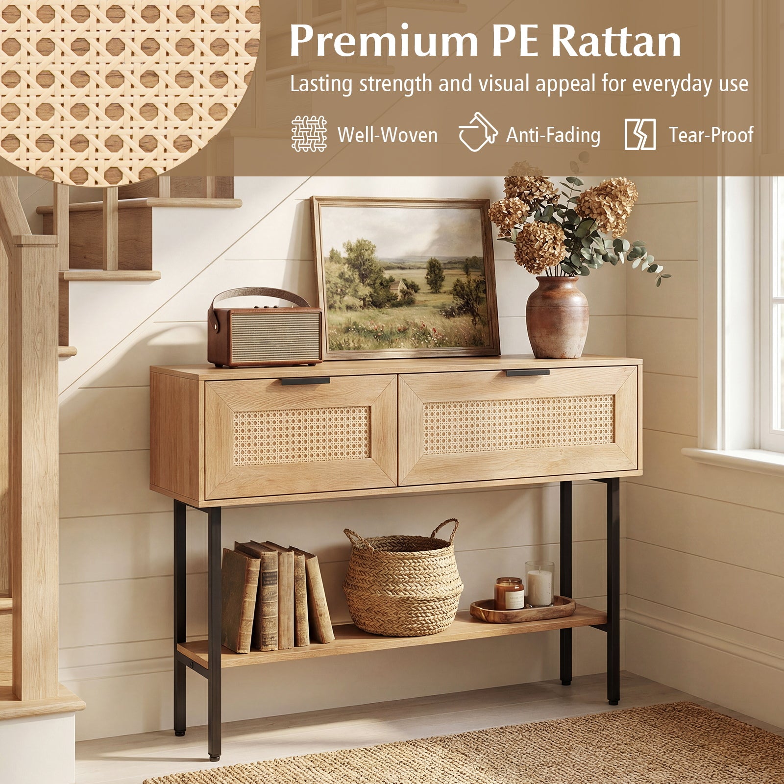 Rattan Console Table, 2 Storage Cabinets, Carbon Steel Frame, Natural Console Tables at Gallery Canada