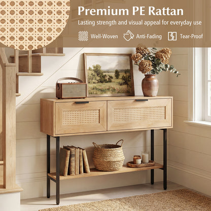 Rattan Console Table, 2 Storage Cabinets, Carbon Steel Frame, Natural Console Tables at Gallery Canada