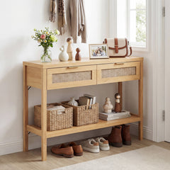Rattan Console Table, 2 Drawers, Bottom Shelf, Natural