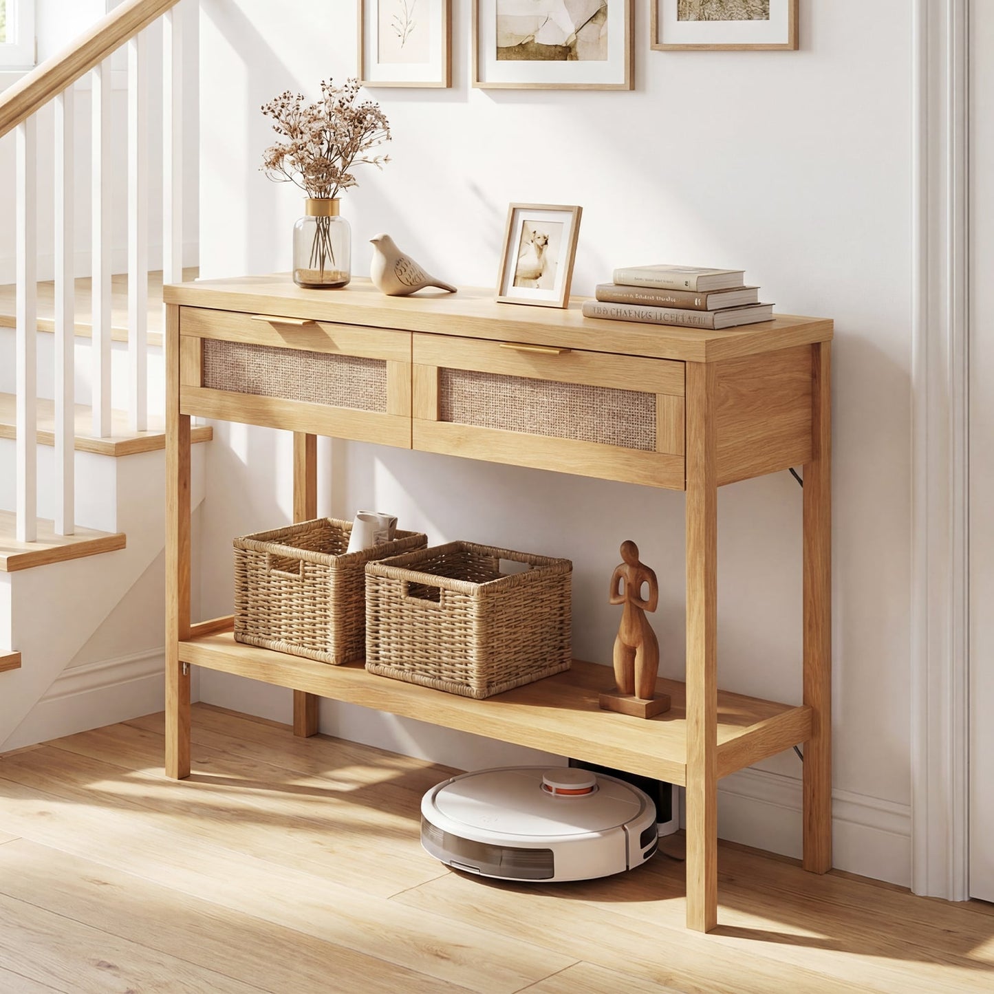 Rattan Console Table, 2 Drawers, Bottom Shelf, Natural
