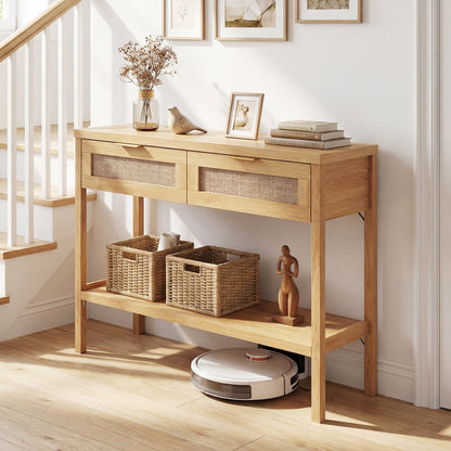 Rattan Console Table, 2 Drawers, Bottom Shelf, Natural