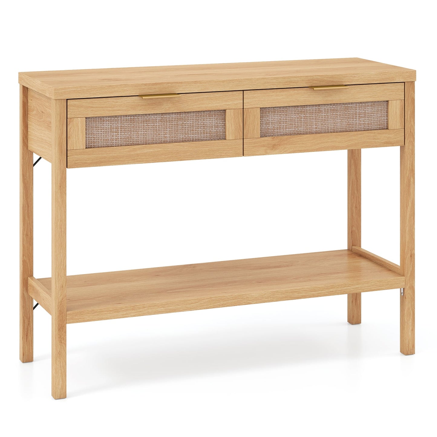 Rattan Console Table, 2 Drawers, Bottom Shelf, Natural