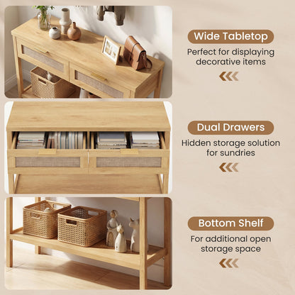 Rattan Console Table, 2 Drawers, Bottom Shelf, Natural