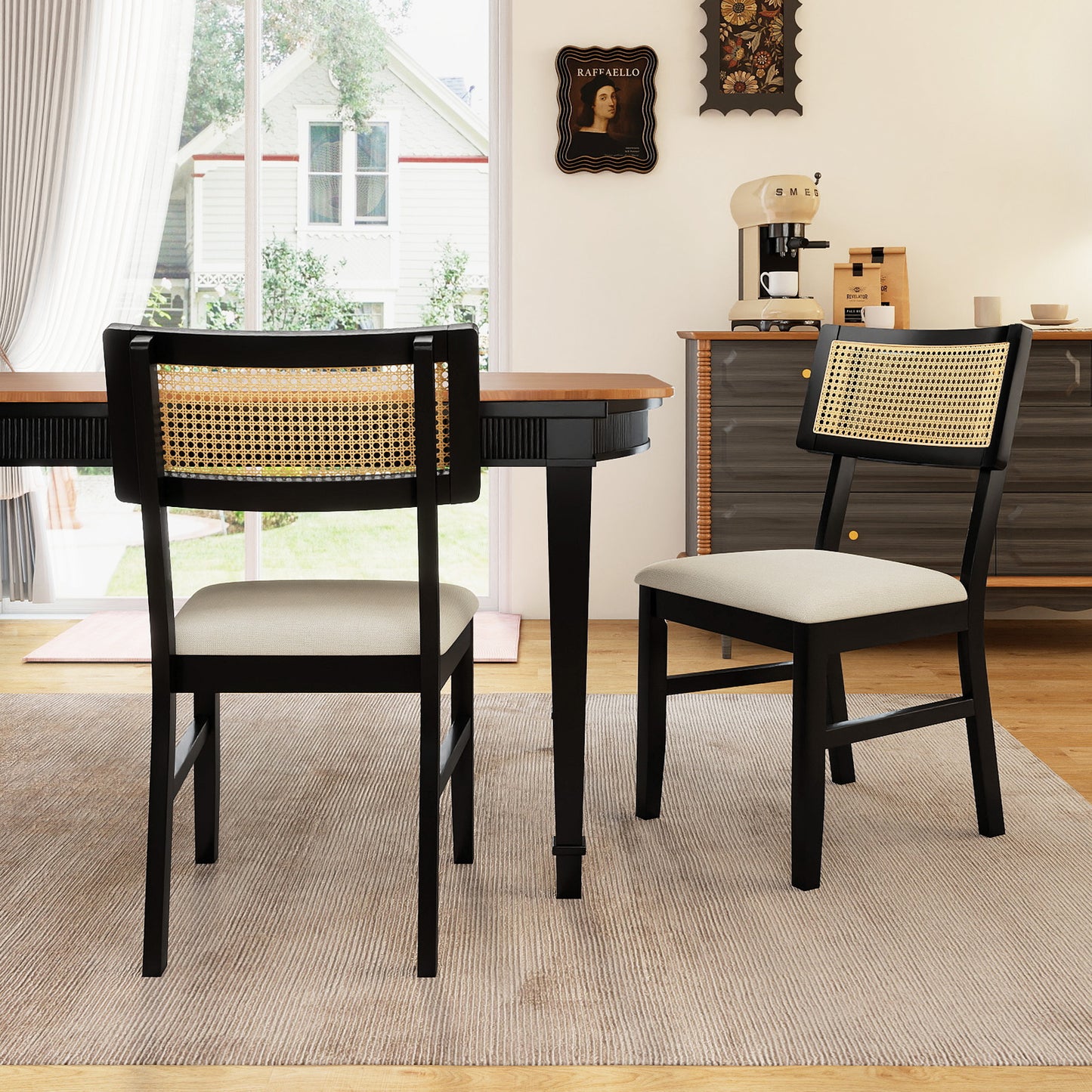 Rattan Dining Chairs Set of 2 Fabric Upholstered Kitchen Chairs with Padded Seat and Rubber Wood Legs, Black Dining Chairs at Gallery Canada