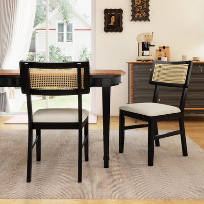 Rattan Dining Chairs Set of 2 Fabric Upholstered Kitchen Chairs with Padded Seat and Rubber Wood Legs, Black Dining Chairs at Gallery Canada