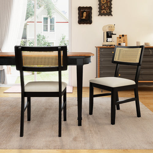 Rattan Dining Chairs Set of 2 Fabric Upholstered Kitchen Chairs with Padded Seat and Rubber Wood Legs, Black