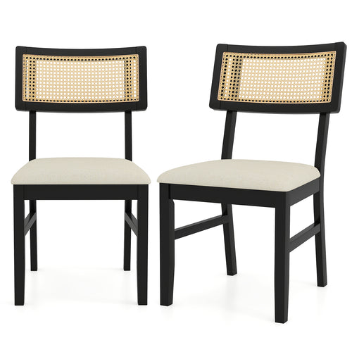 Rattan Dining Chairs Set of 2 Fabric Upholstered Kitchen Chairs with Padded Seat and Rubber Wood Legs, Black