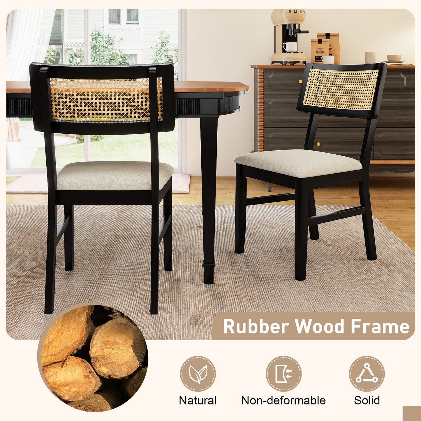 Rattan Dining Chairs Set of 2 Fabric Upholstered Kitchen Chairs with Padded Seat and Rubber Wood Legs, Black Dining Chairs at Gallery Canada