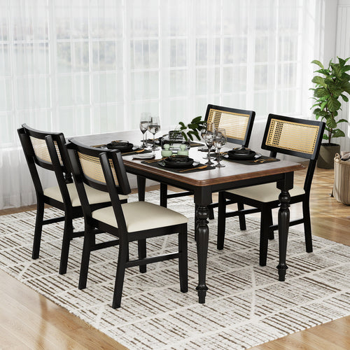 Rattan Dining Chairs Set of 4 Fabric Upholstered Kitchen Chairs with Padded Seat and Rubber Wood Legs, Black