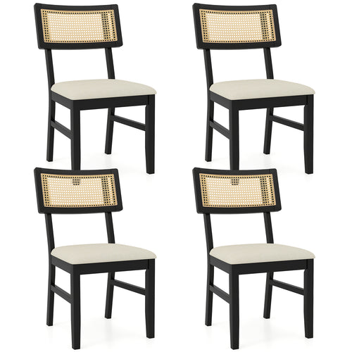 Rattan Dining Chairs Set of 4 Fabric Upholstered Kitchen Chairs with Padded Seat and Rubber Wood Legs, Black