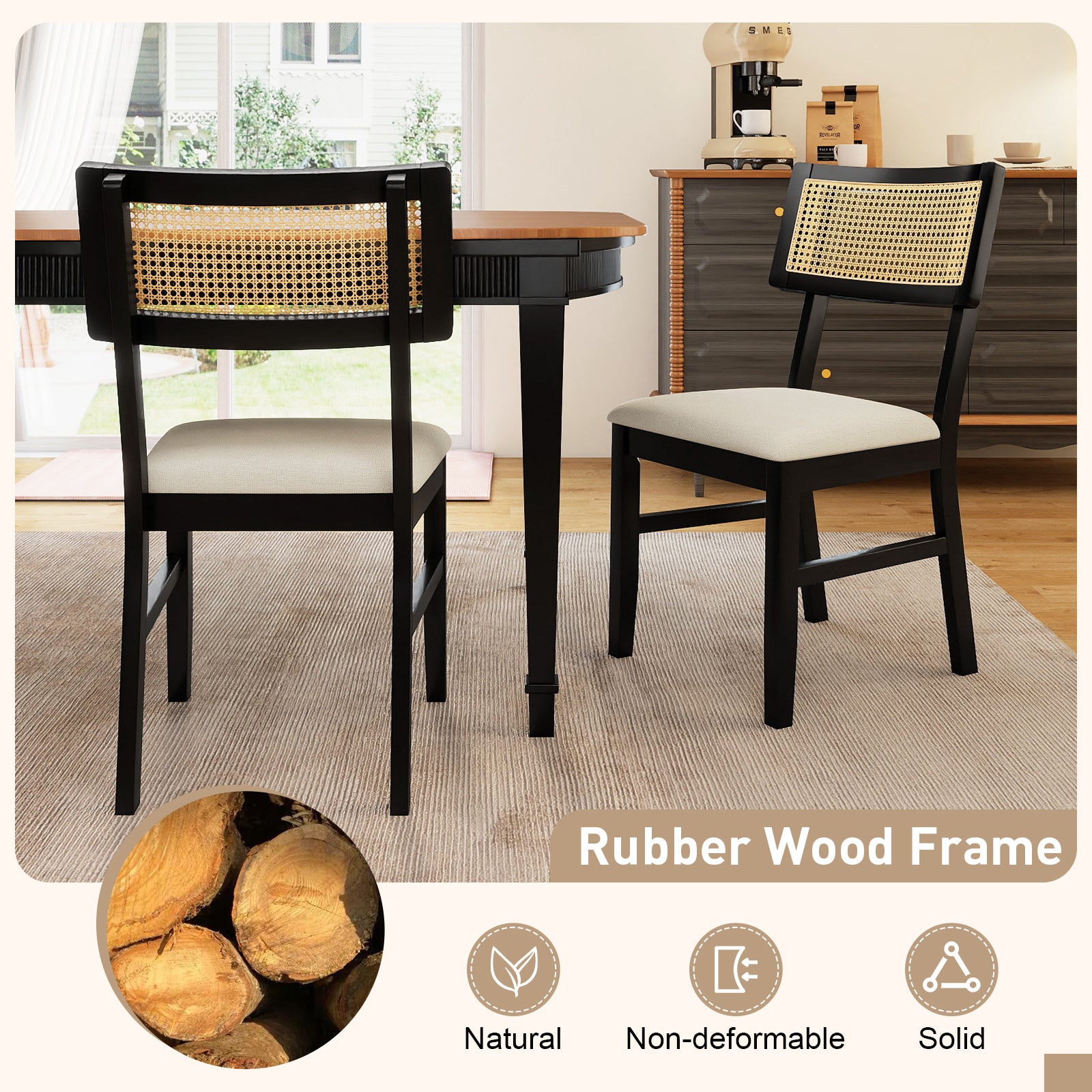 Rattan Dining Chairs Set of 4 Fabric Upholstered Kitchen Chairs with Padded Seat and Rubber Wood Legs, Black Dining Chairs at Gallery Canada
