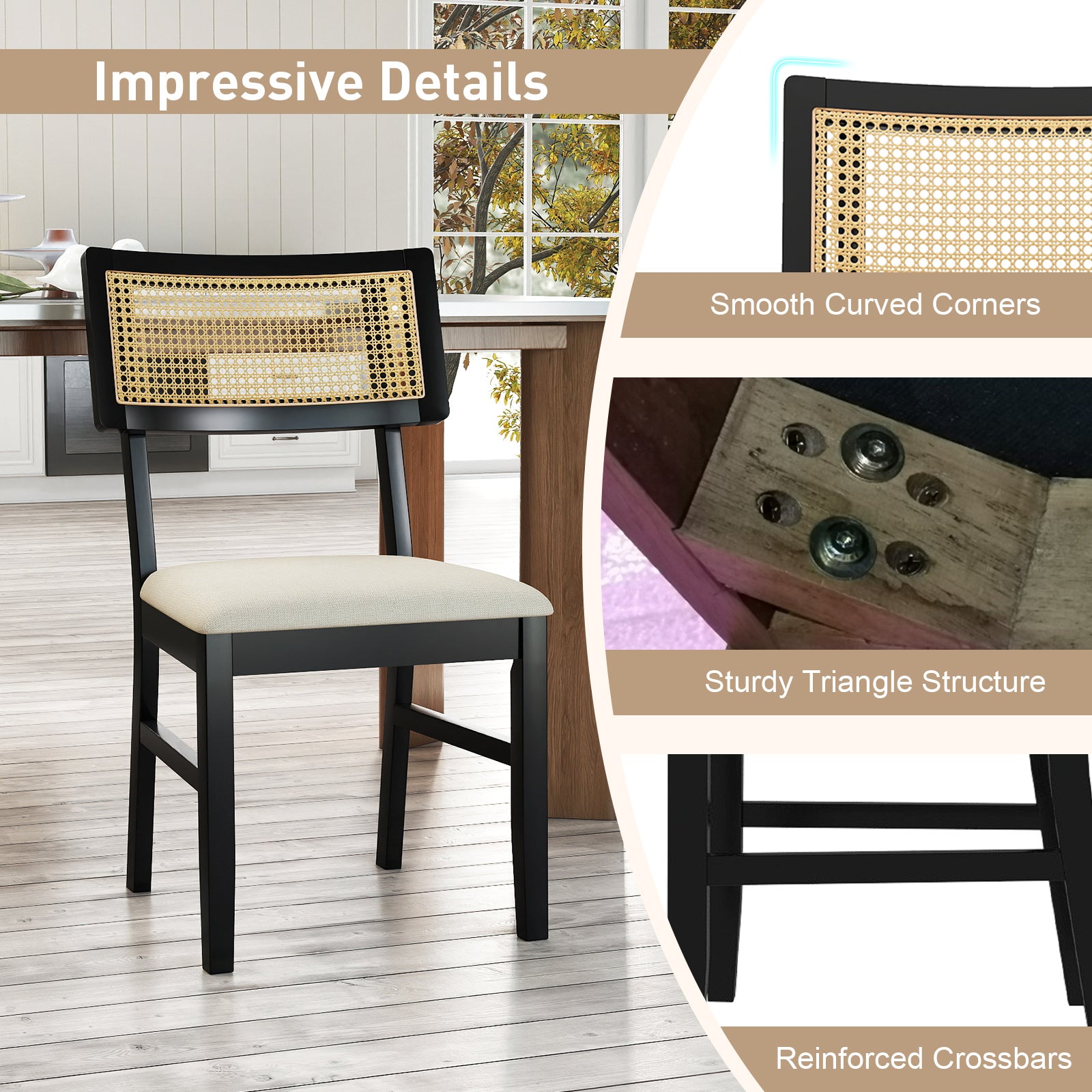 Rattan Dining Chairs Set of 4 Fabric Upholstered Kitchen Chairs with Padded Seat and Rubber Wood Legs, Black Dining Chairs at Gallery Canada