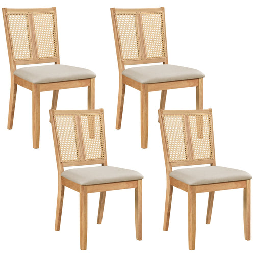Rattan Dining Chairs Set Of 4, Curved Backrest, Padded Seat, Natural