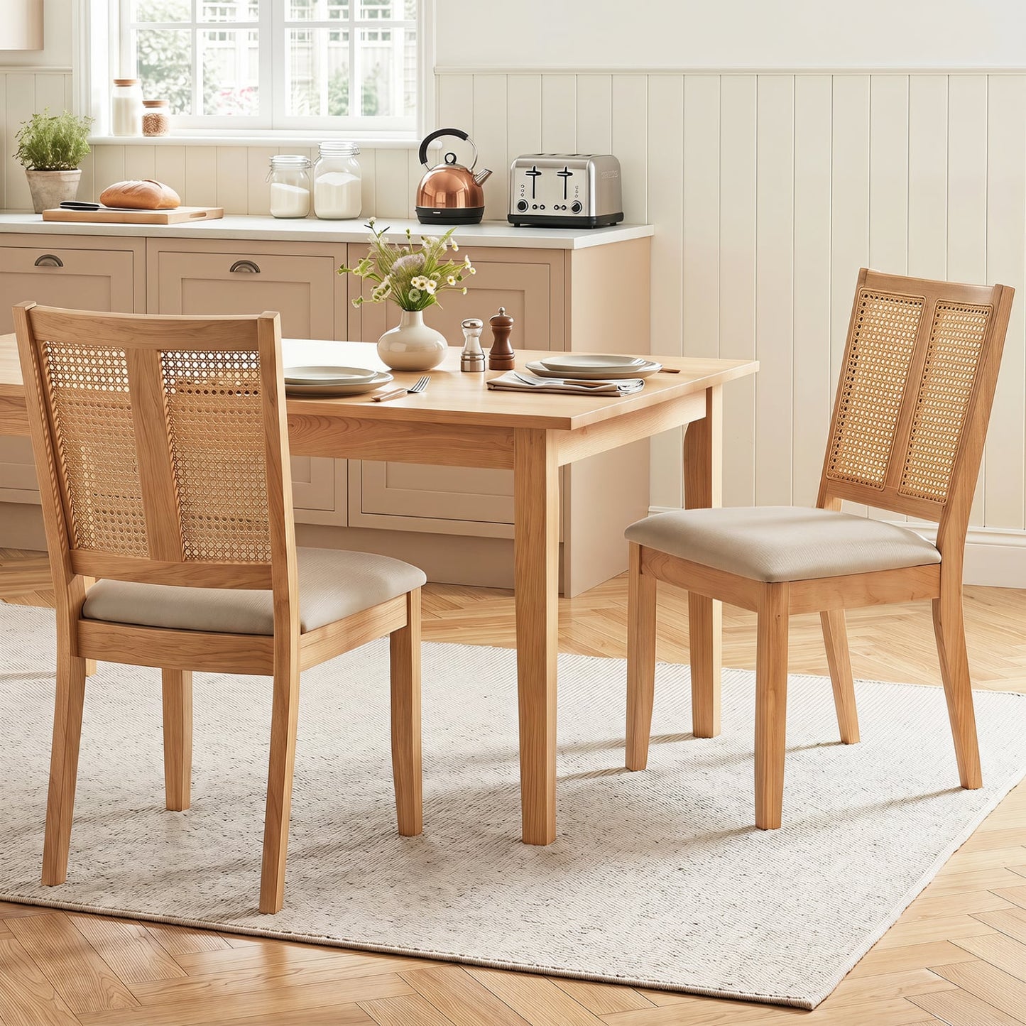 Ensemble de 2 chaises de salle à manger en rotin, dossier incurvé, assise rembourrée, naturel