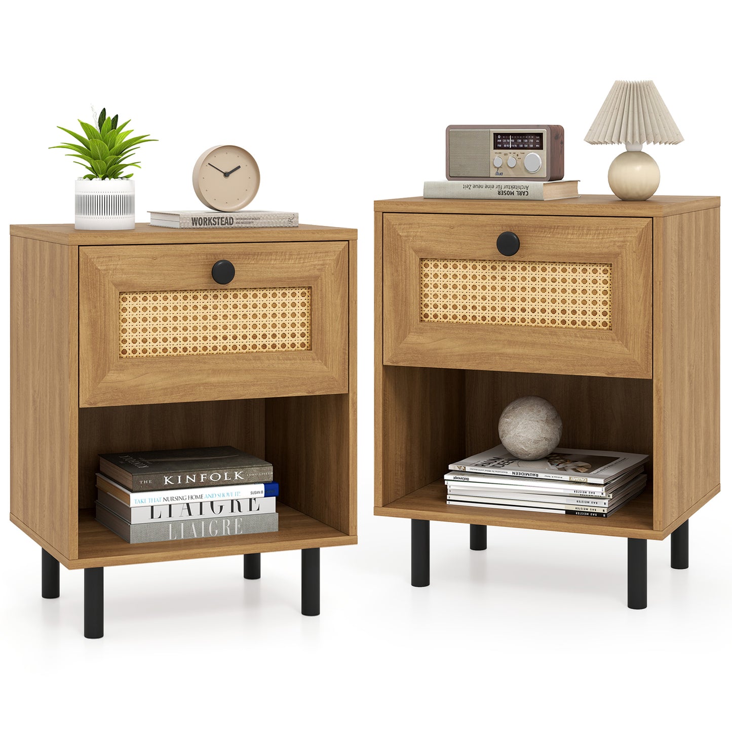 Rattan Nightstand Boho End Table with Rattan Drawer and Open Shelf Set of 2, Natural Nightstands Natural at Gallery Canada