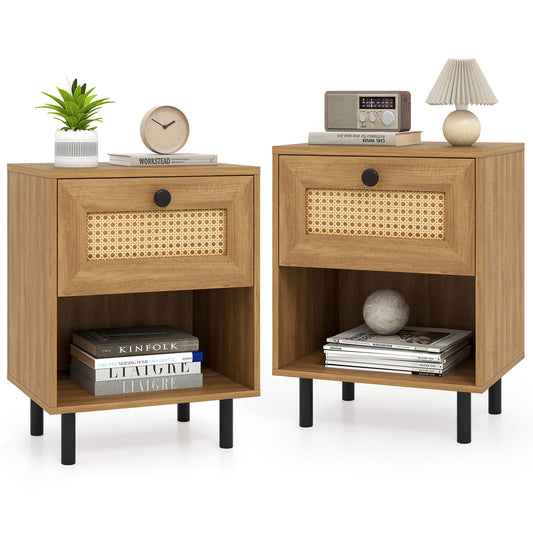 Rattan Nightstand Boho End Table with Rattan Drawer and Open Shelf Set of 2, Natural Nightstands Natural at Gallery Canada