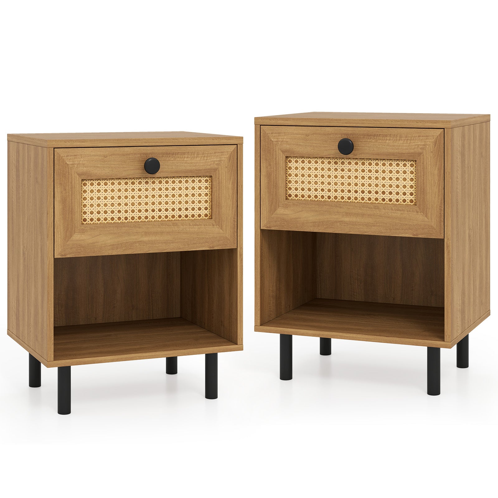 Rattan Nightstand Boho End Table with Rattan Drawer and Open Shelf Set of 2, Natural Nightstands at Gallery Canada