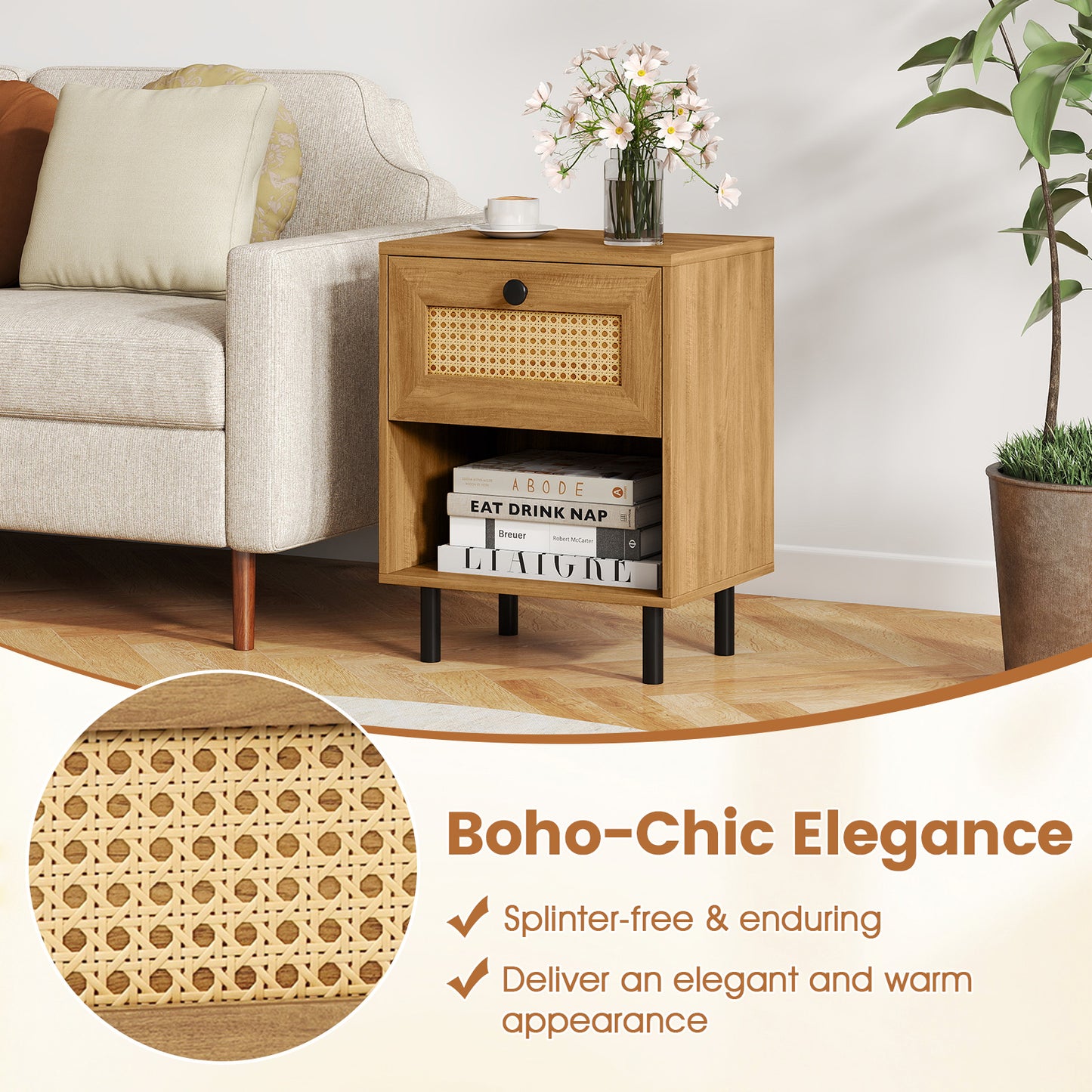 Rattan Nightstand Boho End Table with Rattan Drawer and Open Shelf Set of 2, Natural Nightstands at Gallery Canada
