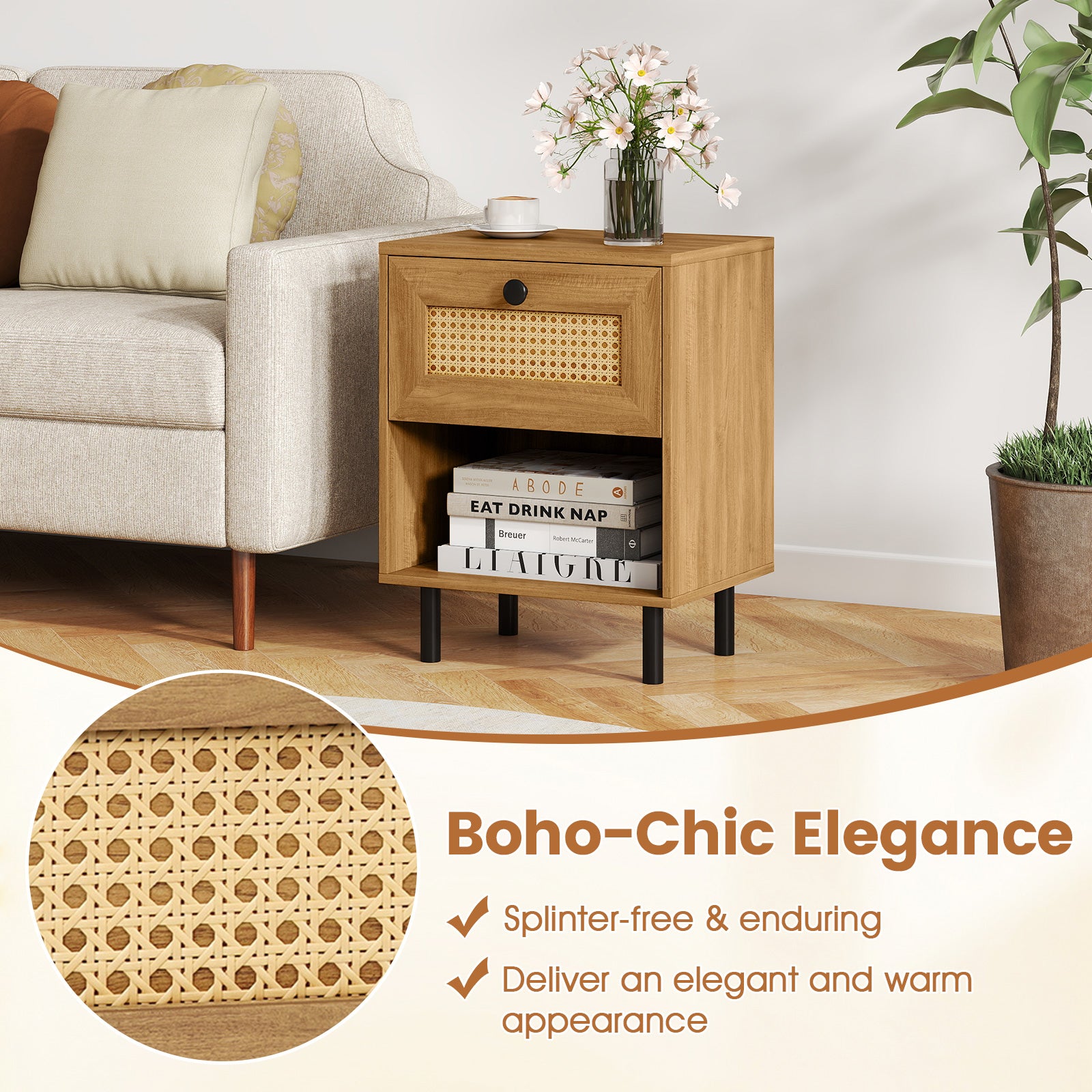 Rattan Nightstand Boho End Table with Rattan Drawer and Open Shelf Set of 2, Natural Nightstands at Gallery Canada