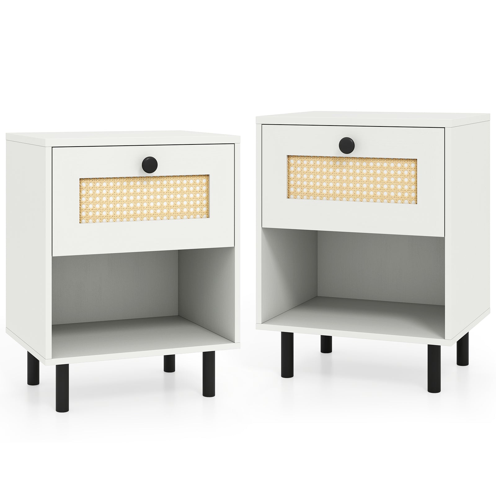 Rattan Nightstand Boho End Table with Rattan Drawer and Open Shelf Set of 2, White Nightstands White at Gallery Canada