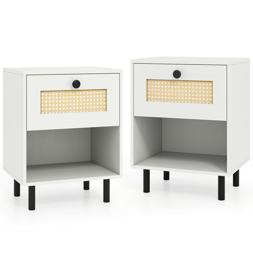 Rattan Nightstand, Boho End Table, 2-Piece Set, White