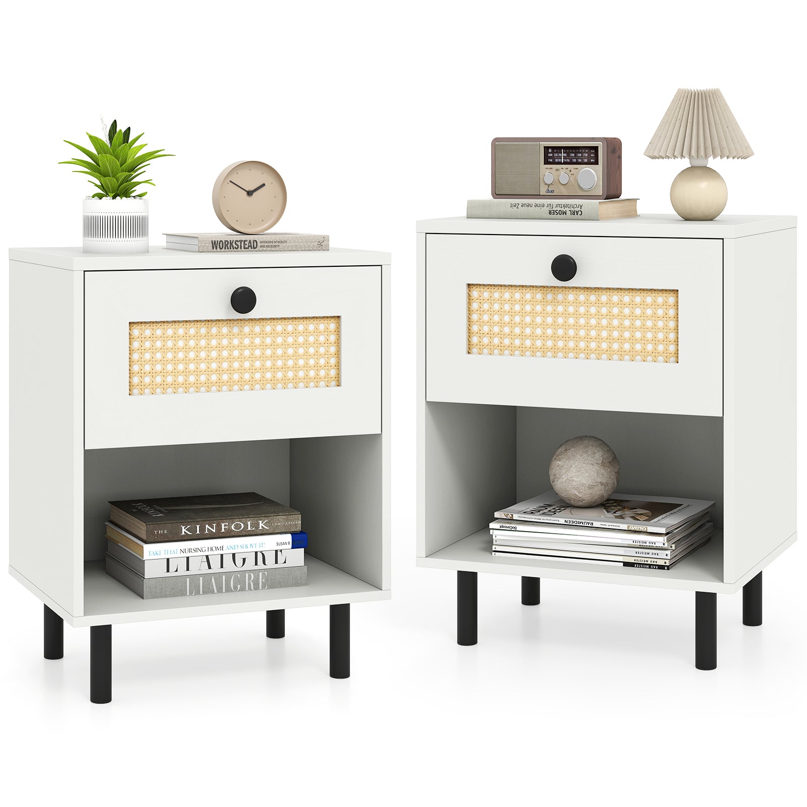 Rattan Nightstand Boho End Table with Rattan Drawer and Open Shelf Set of 2, White Nightstands at Gallery Canada