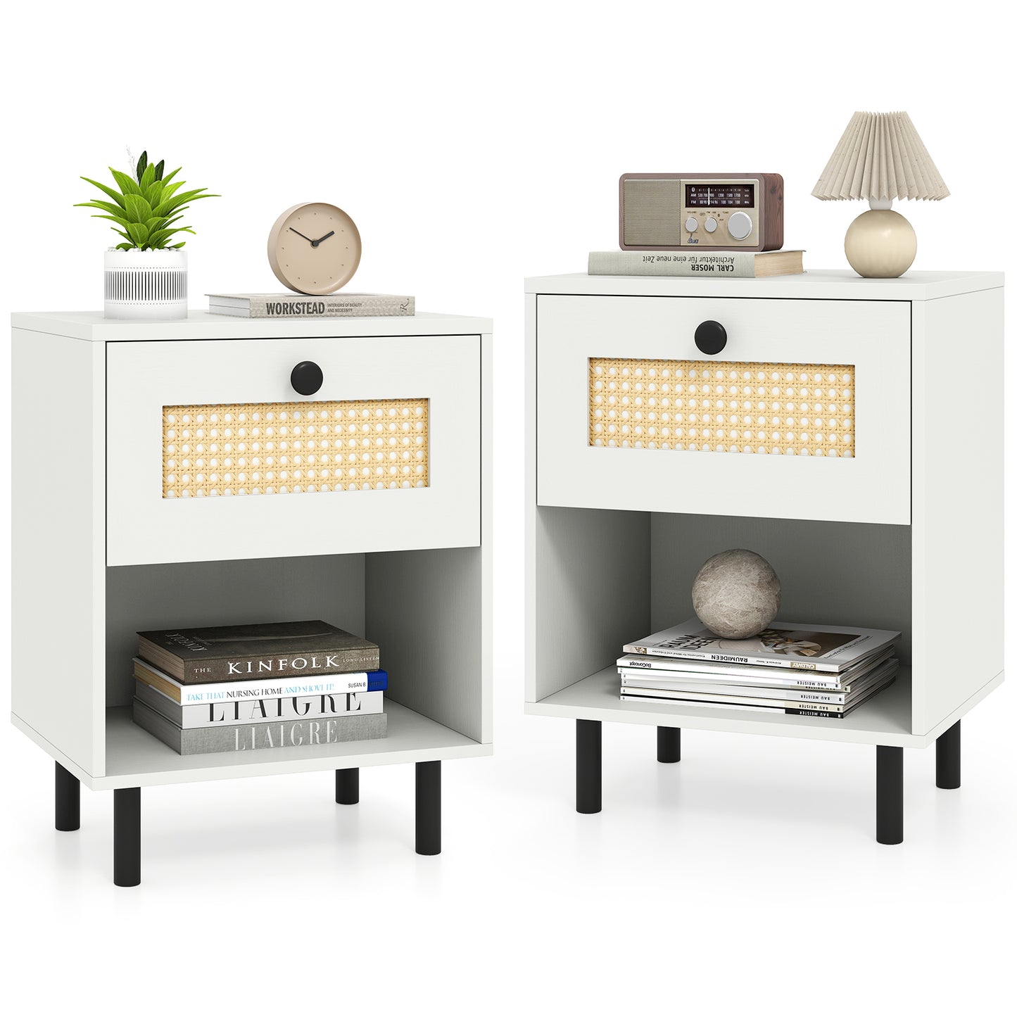 Rattan Nightstand Boho End Table with Rattan Drawer and Open Shelf Set of 2, White Nightstands at Gallery Canada