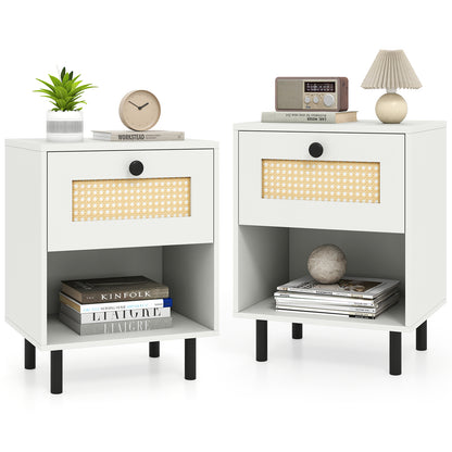Rattan Nightstand Boho End Table with Rattan Drawer and Open Shelf Set of 2, White Nightstands at Gallery Canada