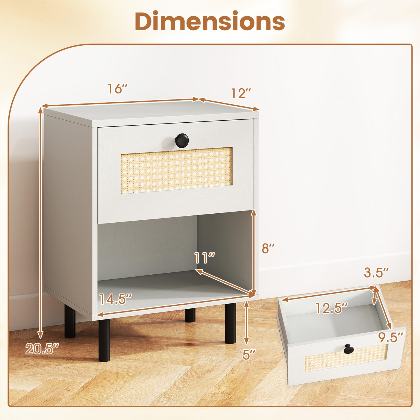 Rattan Nightstand Boho End Table with Rattan Drawer and Open Shelf Set of 2, White Nightstands at Gallery Canada