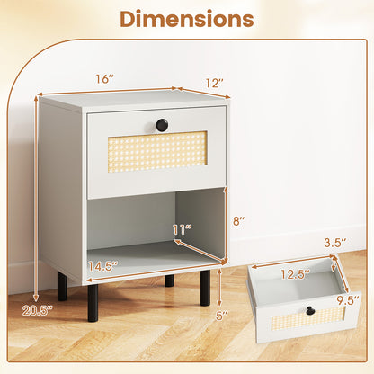 Rattan Nightstand Boho End Table with Rattan Drawer and Open Shelf Set of 2, White Nightstands at Gallery Canada