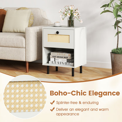 Rattan Nightstand Boho End Table with Rattan Drawer and Open Shelf Set of 2, White Nightstands at Gallery Canada