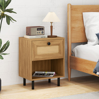 Rattan Nightstand Boho End Table with Rattan Drawer and Open Shelf, Natural Bedroom at Gallery Canada