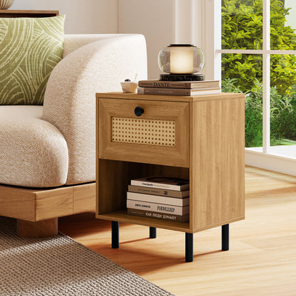 Rattan Nightstand Boho End Table with Rattan Drawer and Open Shelf, Natural Bedroom at Gallery Canada