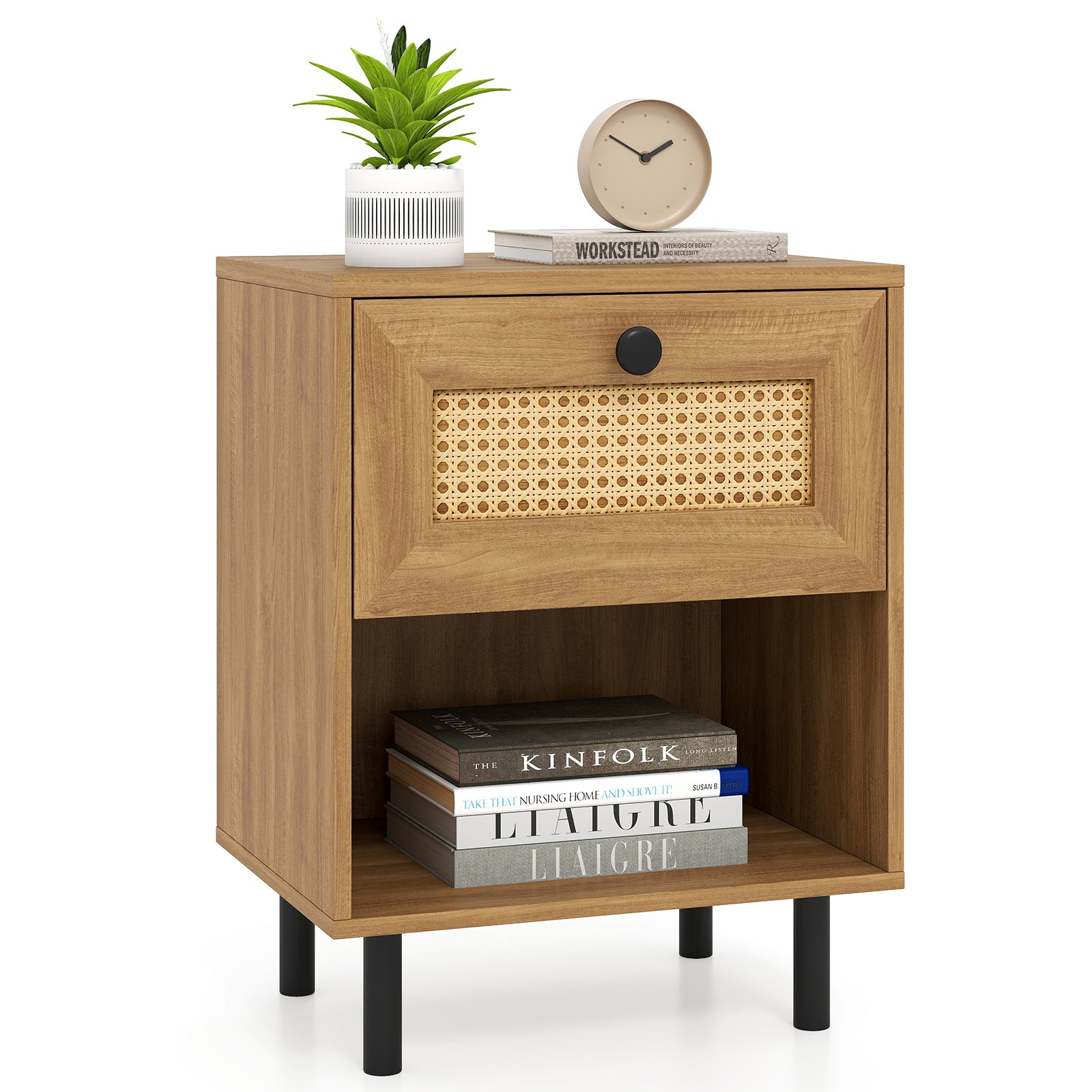 Rattan Nightstand Boho End Table with Rattan Drawer and Open Shelf, Natural Bedroom at Gallery Canada
