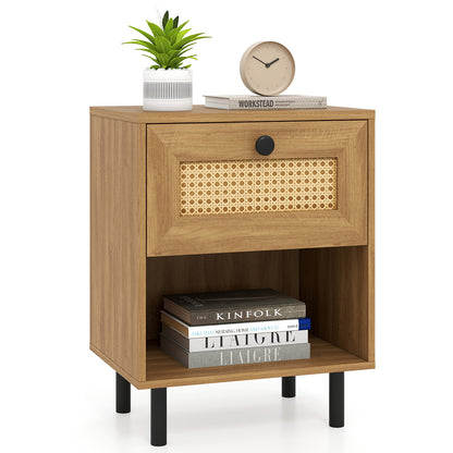 Rattan Nightstand Boho End Table with Rattan Drawer and Open Shelf, Natural Bedroom at Gallery Canada