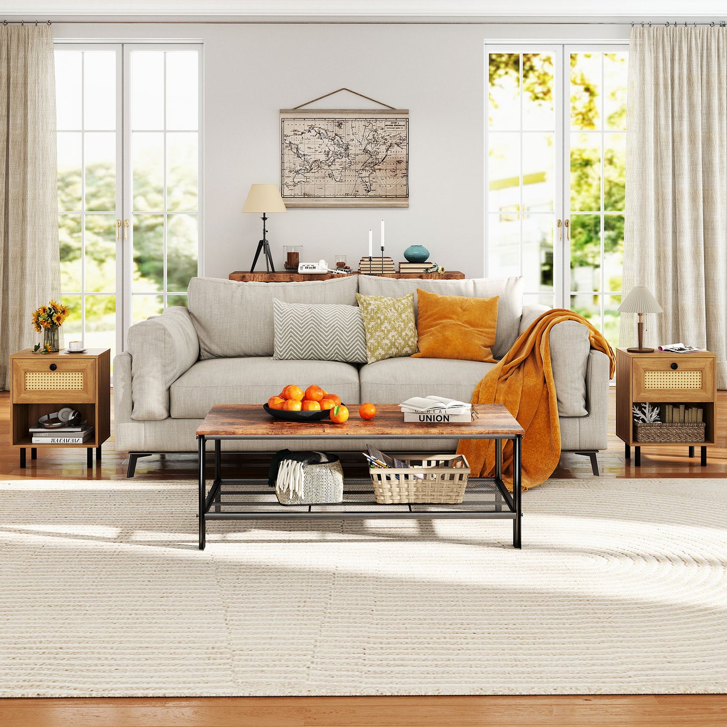 Rattan Nightstand Boho End Table with Rattan Drawer and Open Shelf, Natural Bedroom at Gallery Canada