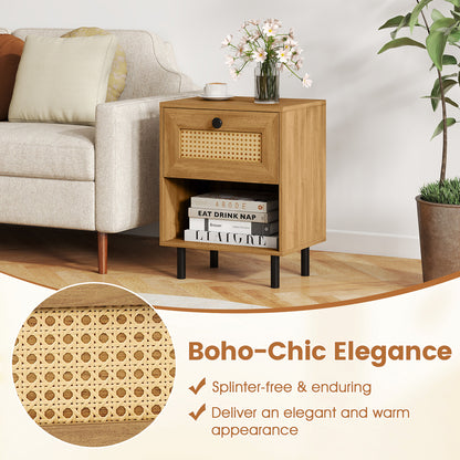 Rattan Nightstand Boho End Table with Rattan Drawer and Open Shelf, Natural Bedroom at Gallery Canada