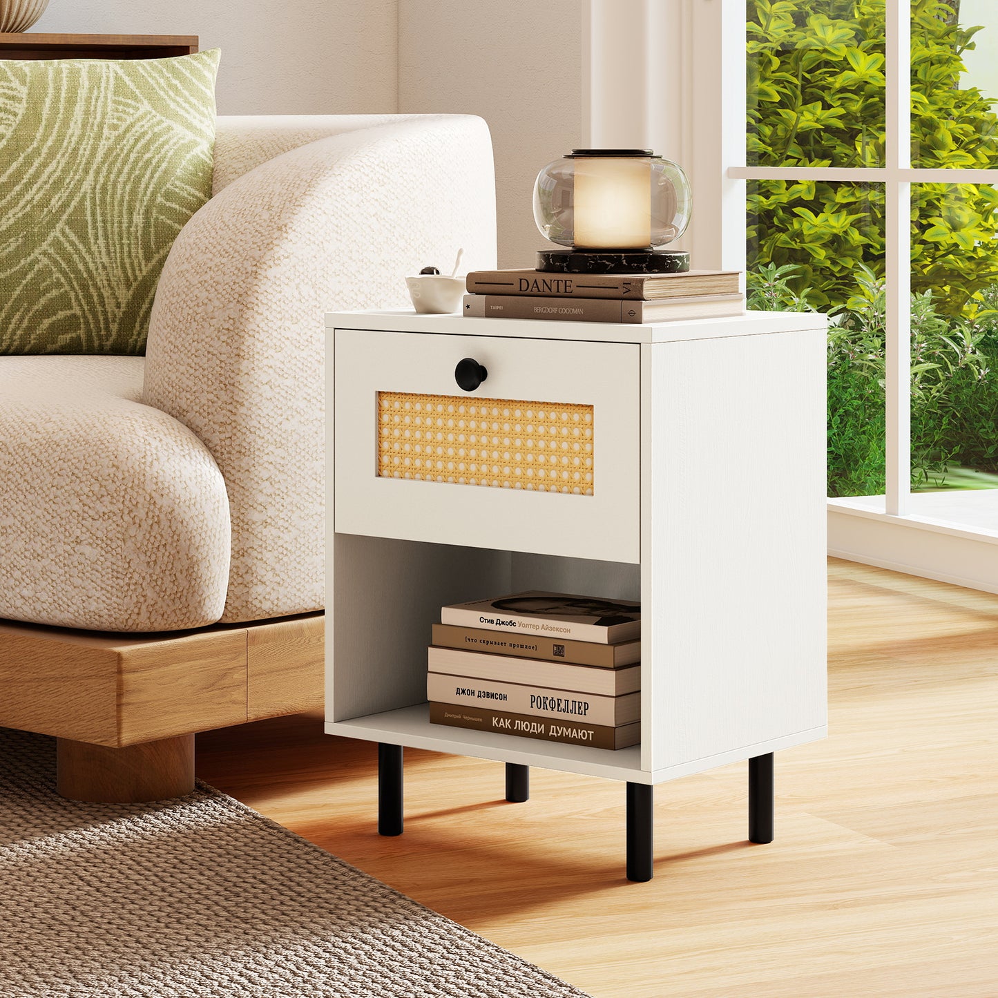 Rattan Nightstand Boho End Table with Rattan Drawer and Open Shelf, White Bedroom at Gallery Canada