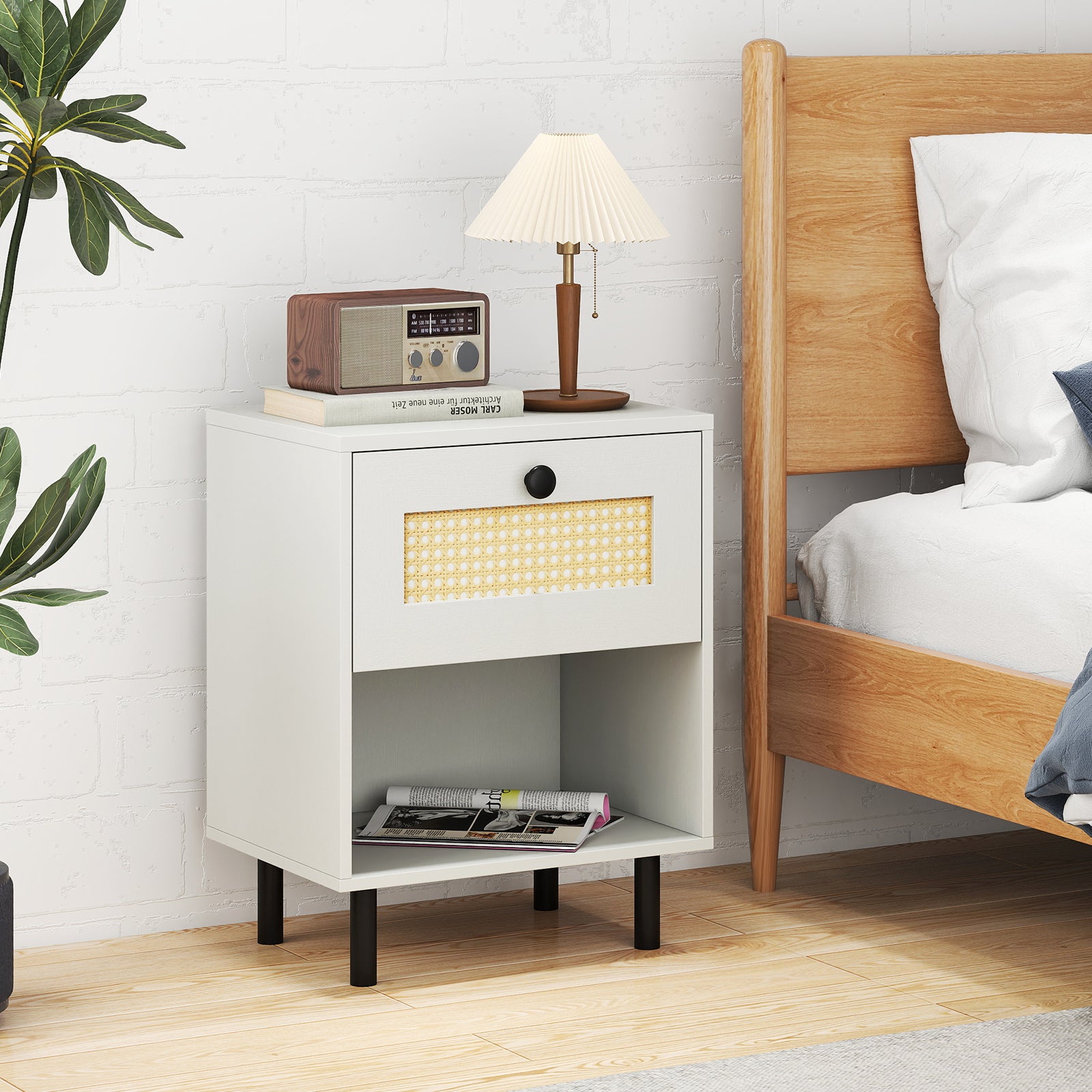 Rattan Nightstand Boho End Table with Rattan Drawer and Open Shelf, White Bedroom at Gallery Canada