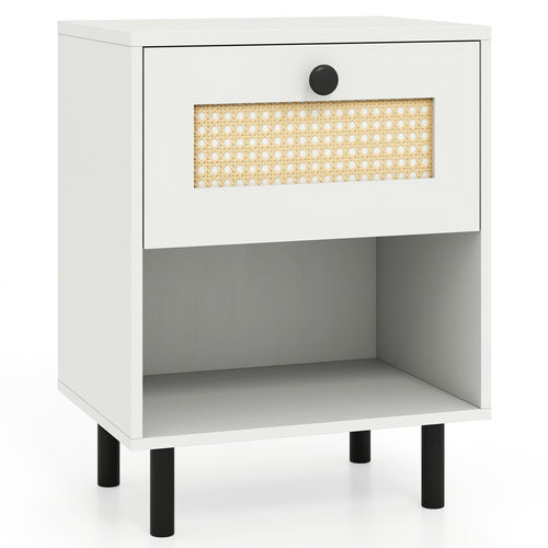 Rattan Nightstand, Boho End Table, With Drawer And Shelf, White
