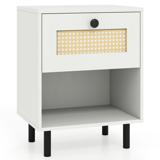 Rattan Nightstand Boho End Table with Rattan Drawer and Open Shelf, White Bedroom White at Gallery Canada
