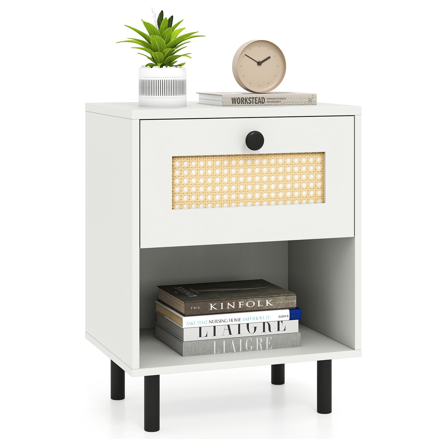Rattan Nightstand Boho End Table with Rattan Drawer and Open Shelf, White Bedroom at Gallery Canada