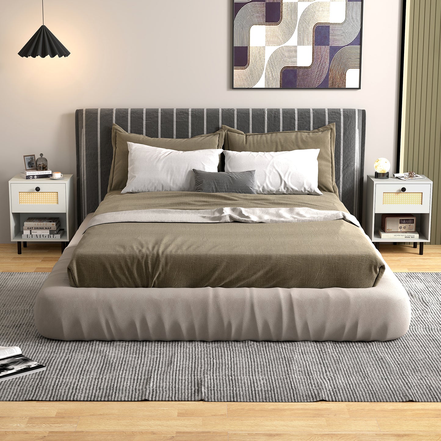 Rattan Nightstand Boho End Table with Rattan Drawer and Open Shelf, White Bedroom at Gallery Canada